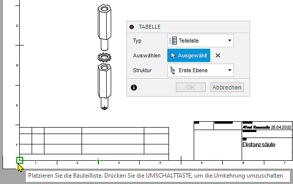 Datei:Software CAD - Fusion-Tutorial - Distanzstueck - Baugruppe - Zusammenbau-Zeichnung Teileliste platzieren.gif