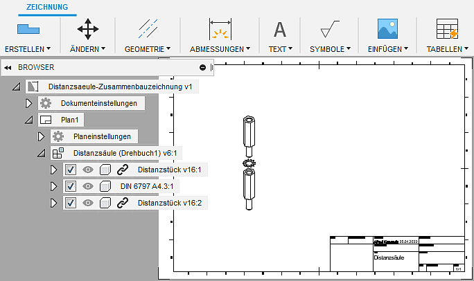 Datei:Software CAD - Fusion-Tutorial - Distanzstueck - Baugruppe - Zusammenbau-Zeichnung mit Erstansicht gespeichert.gif