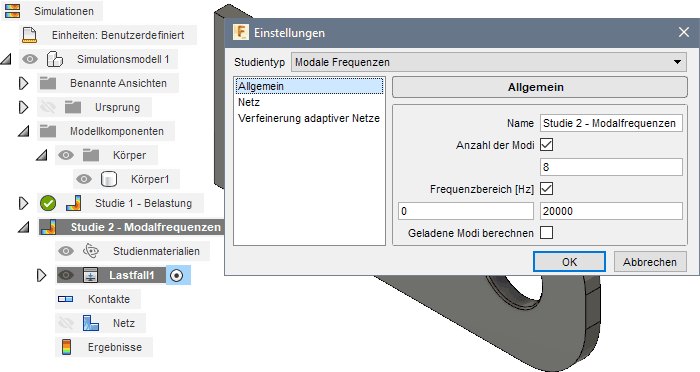 Datei:Software FEM - Tutorial - 2D Komponente - Belastung - Modalanalyse - Einstellungen allgemein.gif