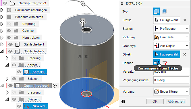 Datei:Software FEM - Tutorial - 3D-Baugruppe - Bauteil Gummihuelse Extrusion Neuer Koerper bis Koerper-Objekt.gif