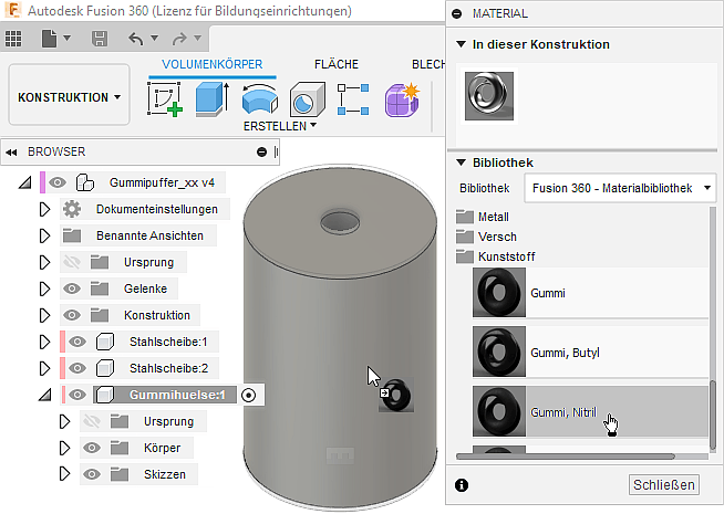 Datei:Software FEM - Tutorial - 3D-Baugruppe - Bauteil Gummihuelse Nitril-Gummi aus Bibliothek zuweisen.gif