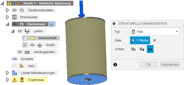 Datei:Software FEM - Tutorial - 3D-Baugruppe - Belastungsanalyse Lastfaelle Flaechenlast Aufliegen auf Flaeche.gif