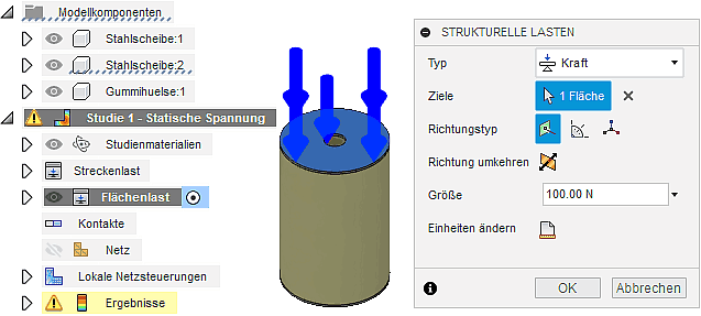 Datei:Software FEM - Tutorial - 3D-Baugruppe - Belastungsanalyse Lastfaelle Flaechenlast Normalkraft auf Flaeche.gif