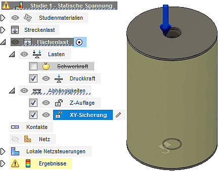 Datei:Software FEM - Tutorial - 3D-Baugruppe - Belastungsanalyse Lastfaelle Flaechenlast XY-Auflagesicherung.gif