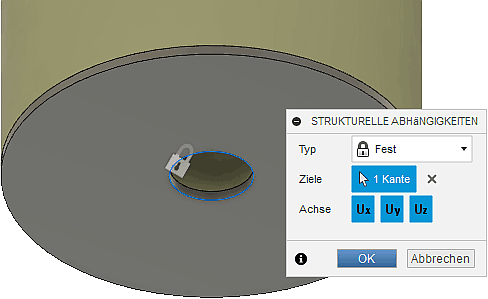 Datei:Software FEM - Tutorial - 3D-Baugruppe - CAD-Belastungsanalyse Preprocessing Festlegung untere Lochkante.gif