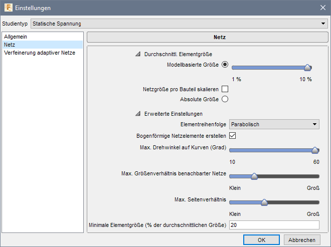 Datei:Software FEM - Tutorial - 3D-Baugruppe - CAD-Belastungsanalyse Preprocessing erweiterte Netzeinstellungen.gif