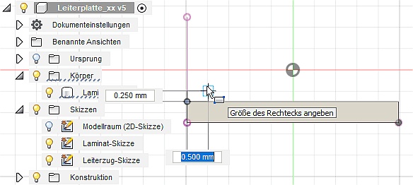 Datei:Software FEM - Tutorial - Elektrostatik - Fusion - CAD-Modell - Bereiche - Leiterzug-Skizze Rechteck.gif