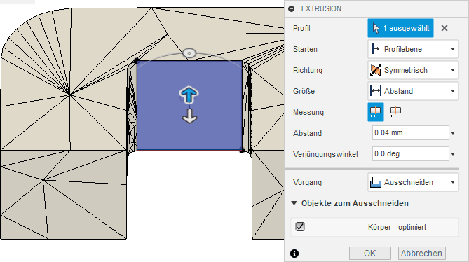 Datei:Software FEM - Tutorial - Topologie-Optimierung Fusion-Formoptimierung-Ergebnisnetz65 Extrusion symmetrisch ausschneiden Rechteck.gif